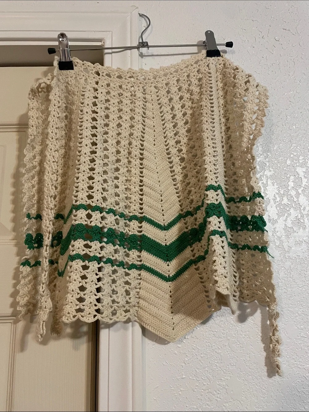 Cream Crochet Apron with Green Stripe Accent - Women's Accessory